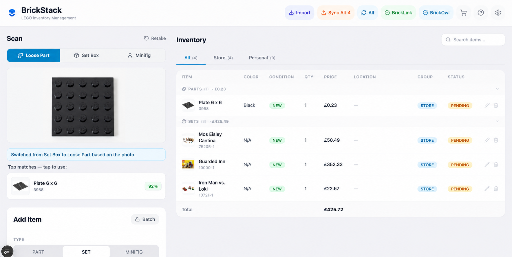 BrickStack inventory dashboard showing collection value, items and recent scans