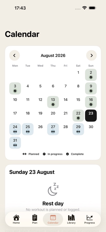 LiftM8 calendar with upcoming sessions clearly marked