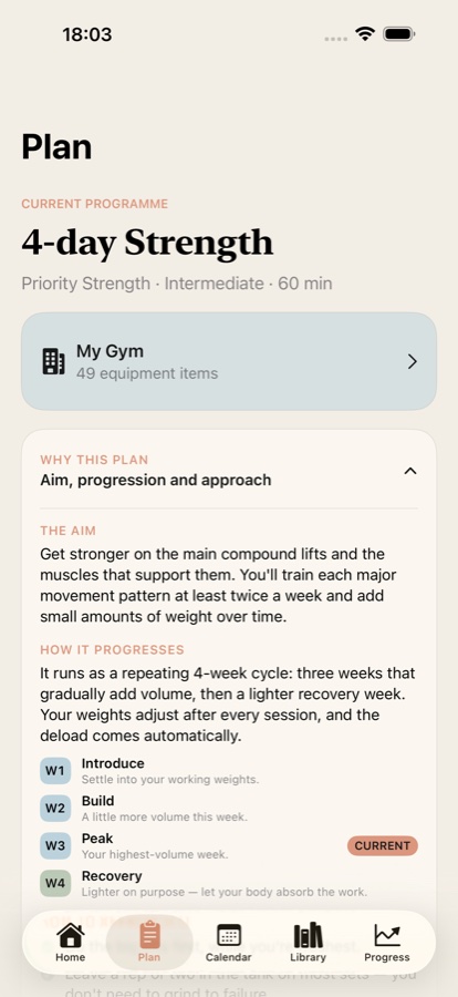 LiftM8 showing a four-day strength plan and why it was selected