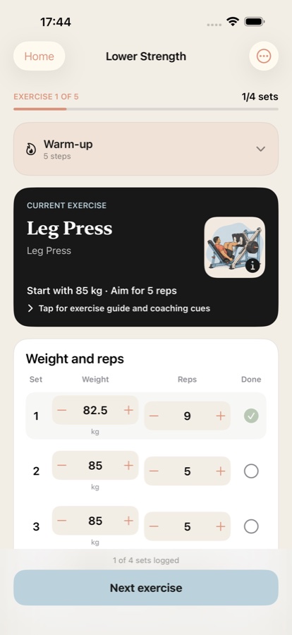 LiftM8 workout player showing a guided warm-up
