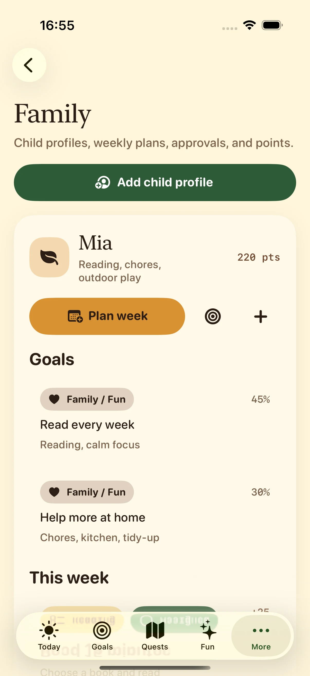 OutQuest Family screen showing a child profile, family points, goals and weekly quests