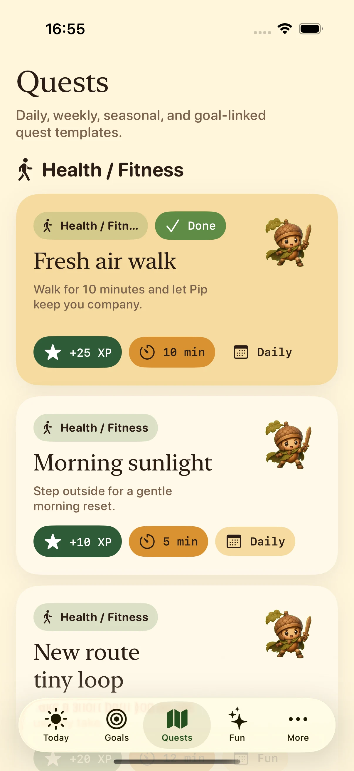 OutQuest quest library with daily quests, time estimates and XP rewards
