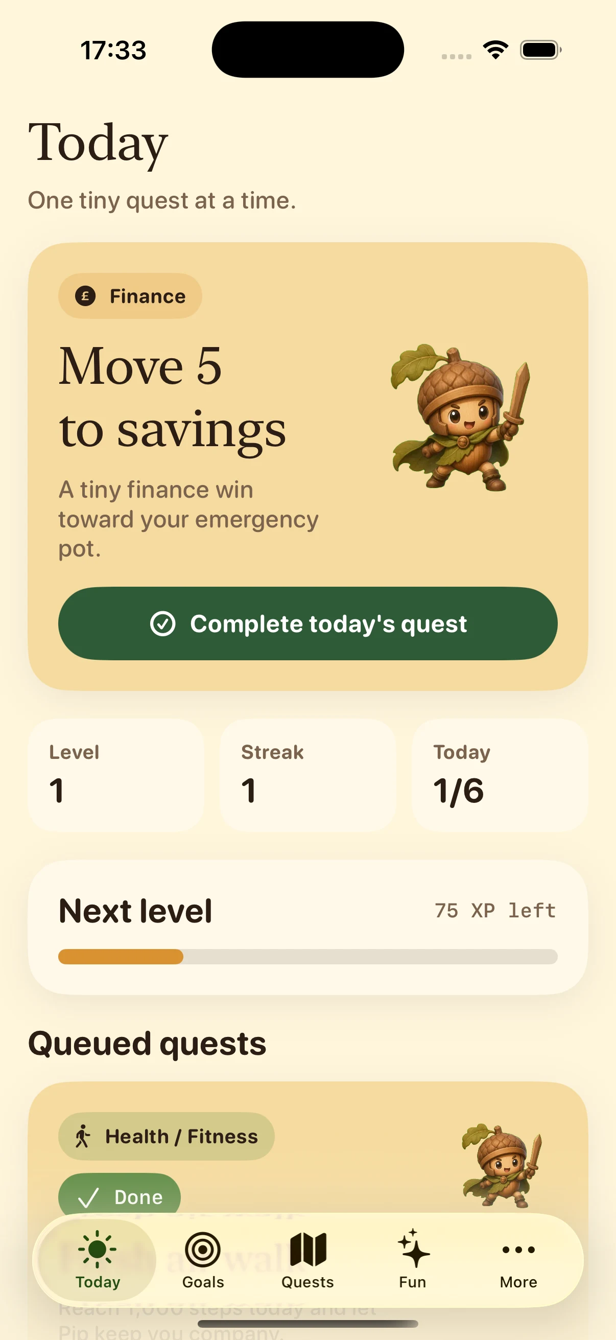OutQuest Today screen showing a fresh air walk quest, XP, streak and queued quests