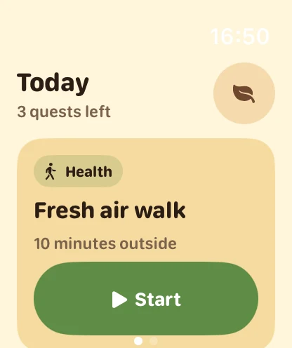 OutQuest Apple Watch screen showing a fresh air walk quest