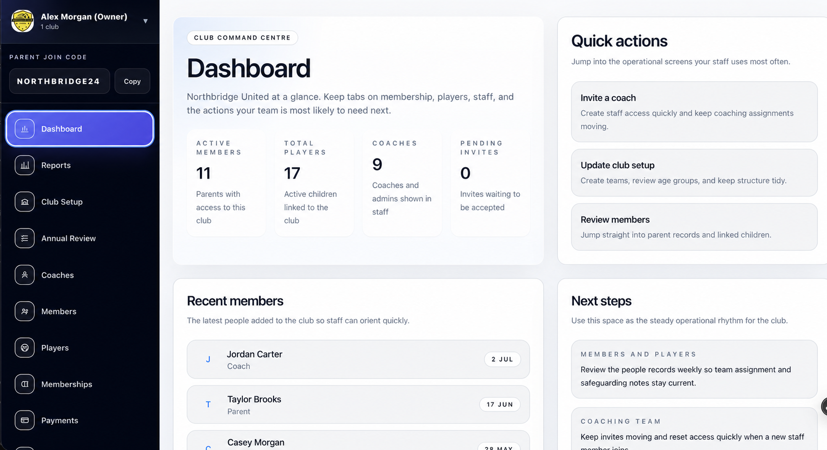 Clubable dashboard showing membership, players, coaches and club operations