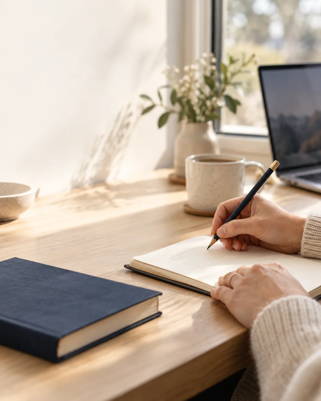 A field note being written in a notebook by the window.