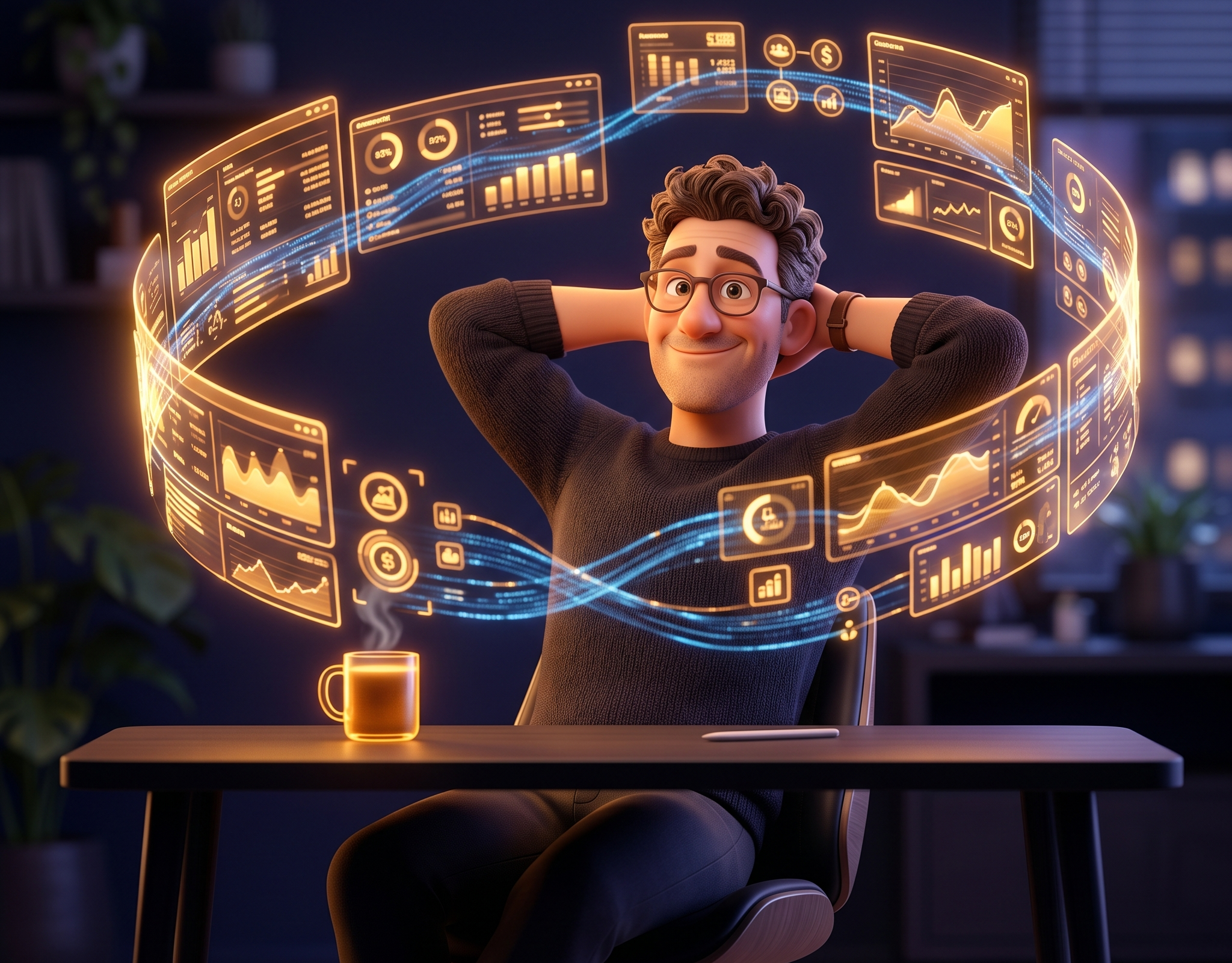Person surrounded by glowing business dashboards