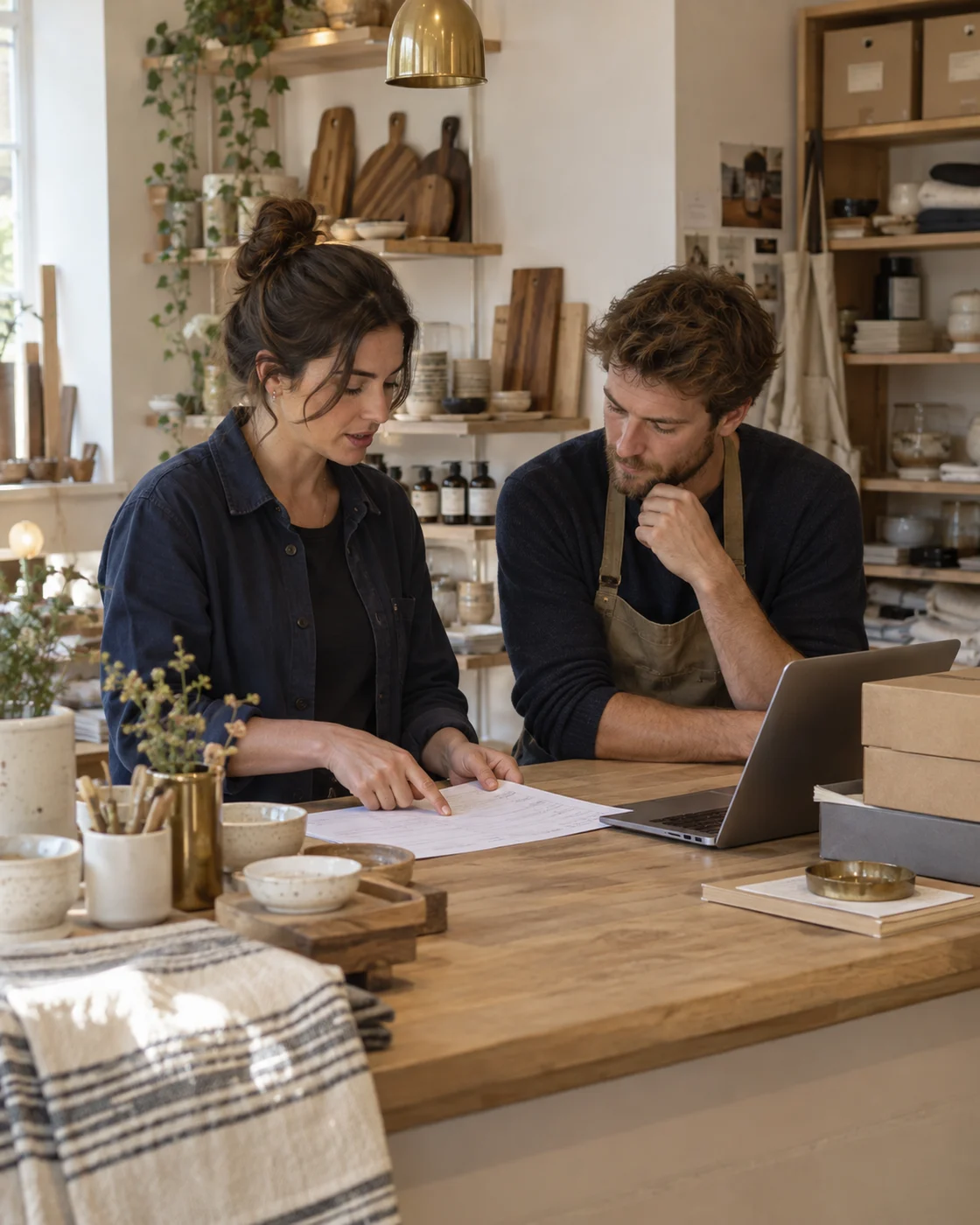 A business owner reviewing the next task with a colleague.