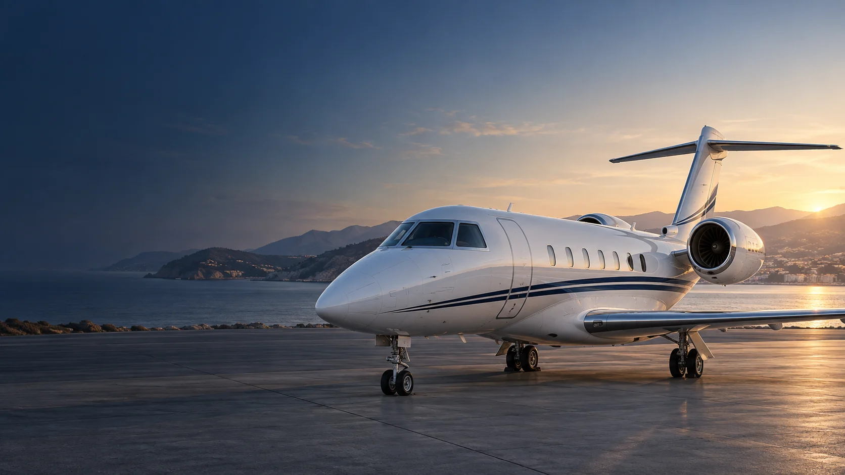 Illustrative private jet on a coastal apron
