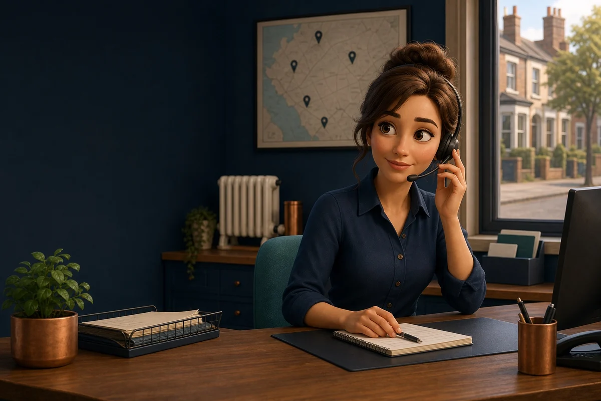 Maya, a friendly illustrated receptionist with dark hair in a bun, taking a call at her desk.