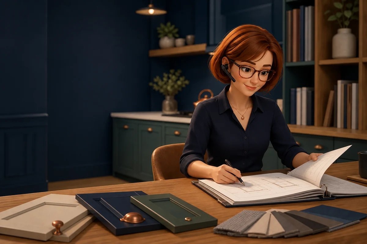 Nora, an illustrated invoice processor with an auburn bob and glasses, checking paperwork.