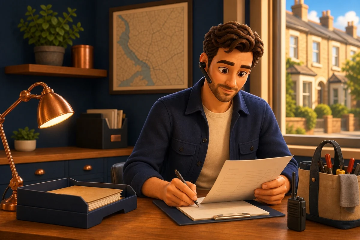 Theo, an illustrated executive assistant with wavy hair and a headset, reviewing notes at his desk.