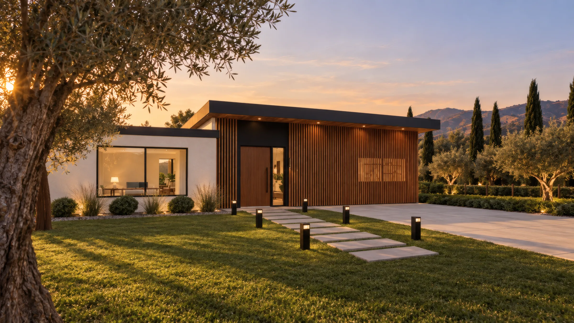 Street elevation of Larkspur House at golden hour